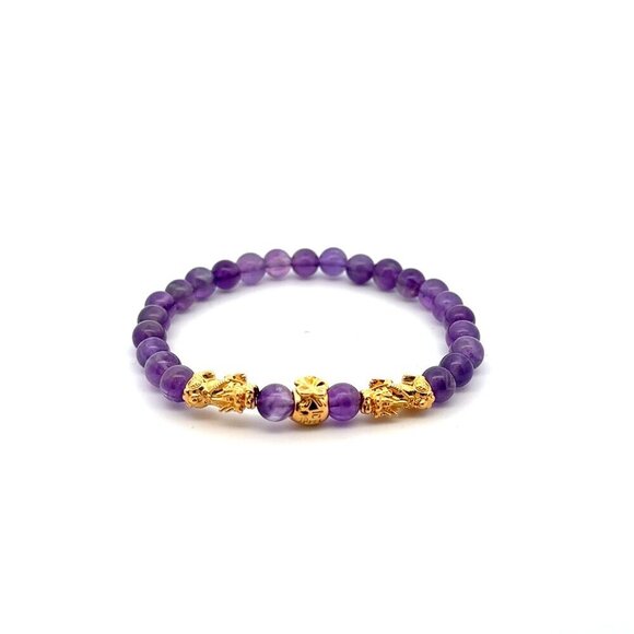 RAFANTHIA Jewelry - 18K Gold Pixiu Piyao Money Bag Charm Bracelet Birthstones Gemstone Amethyst 6mm